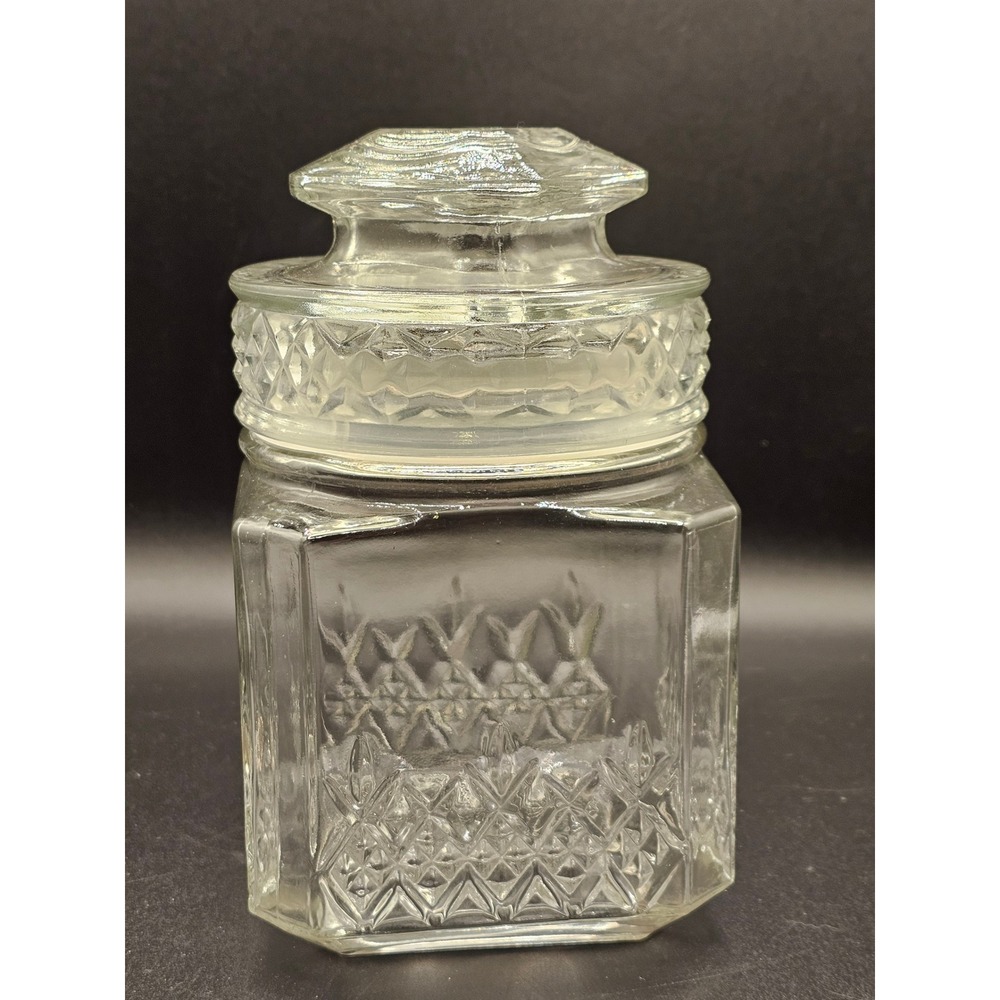 Koeze's Glass Apothecary Jar Vintage Clear Diamond Cut Square Canister with Lid